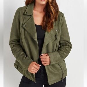 NWOT Vince Camuto Vegan Faux-Suede Microfiber Moto Full-Zip Jacket. Olive Green.